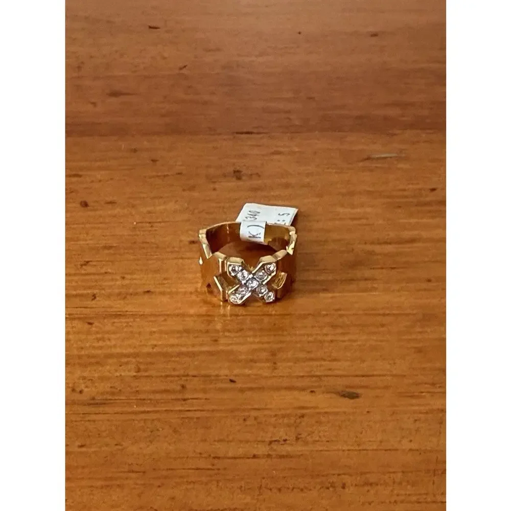Vintage 18K HGE Gold Plated X Motif Austrian Crystal Ring Size 5 USA